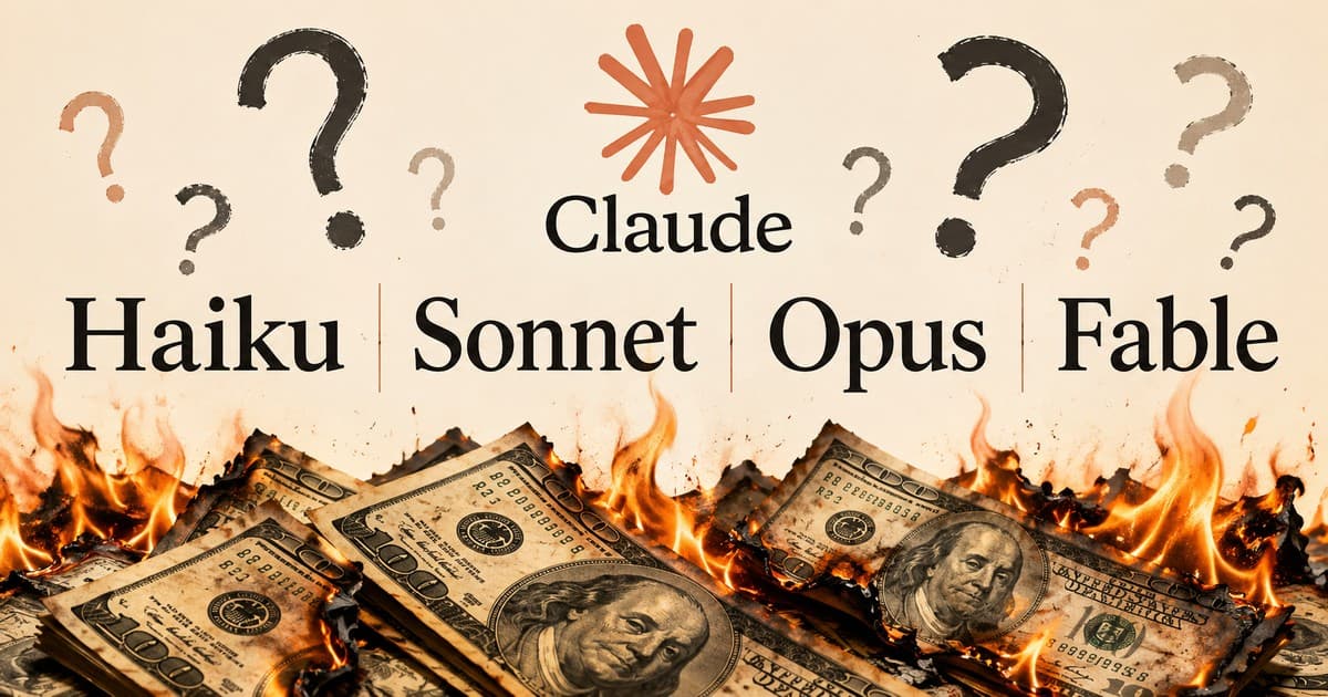 Claude logo above Haiku, Sonnet, Opus, and Fable, surrounded by question marks with dollar bills burning below.