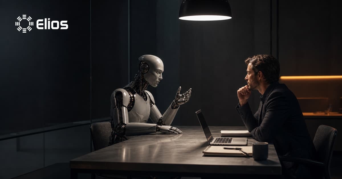 A robot interviewer questions a human professional across an interrogation room table with the Elios logo on the glass.