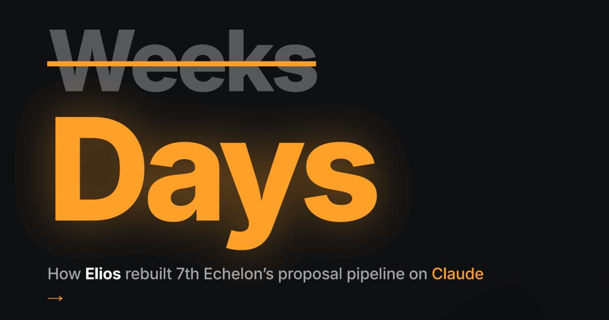 Customer story cover with the word Weeks crossed out and replaced by Days, alongside the 7th Echelon and Elios logos