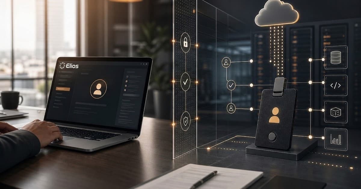An Elios laptop interface separated from governed cloud systems with service identity and approval checkpoints.